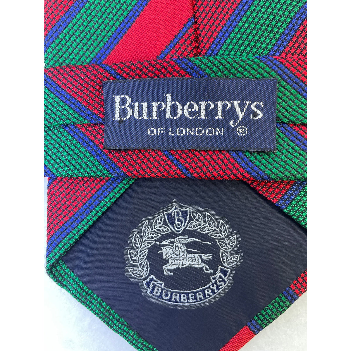 Vintage Burberry Red Green Silk Striped Tie Herringbone Logo Accent Classic