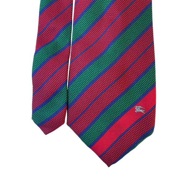 Vintage Burberry Red Green Silk Striped Tie Herringbone Logo Accent Classic