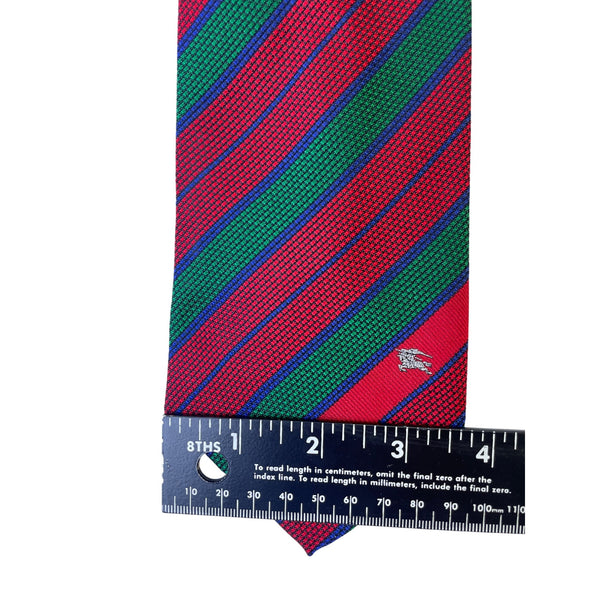 Vintage Burberry Red Green Silk Striped Tie Herringbone Logo Accent Classic