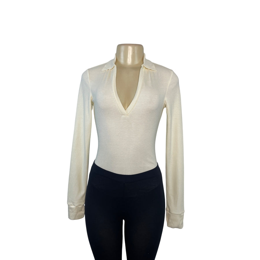 Free People By Intimately Vintage-Inspired Off-White Collared Ribbed Knit Long Sleeve Bodysuit