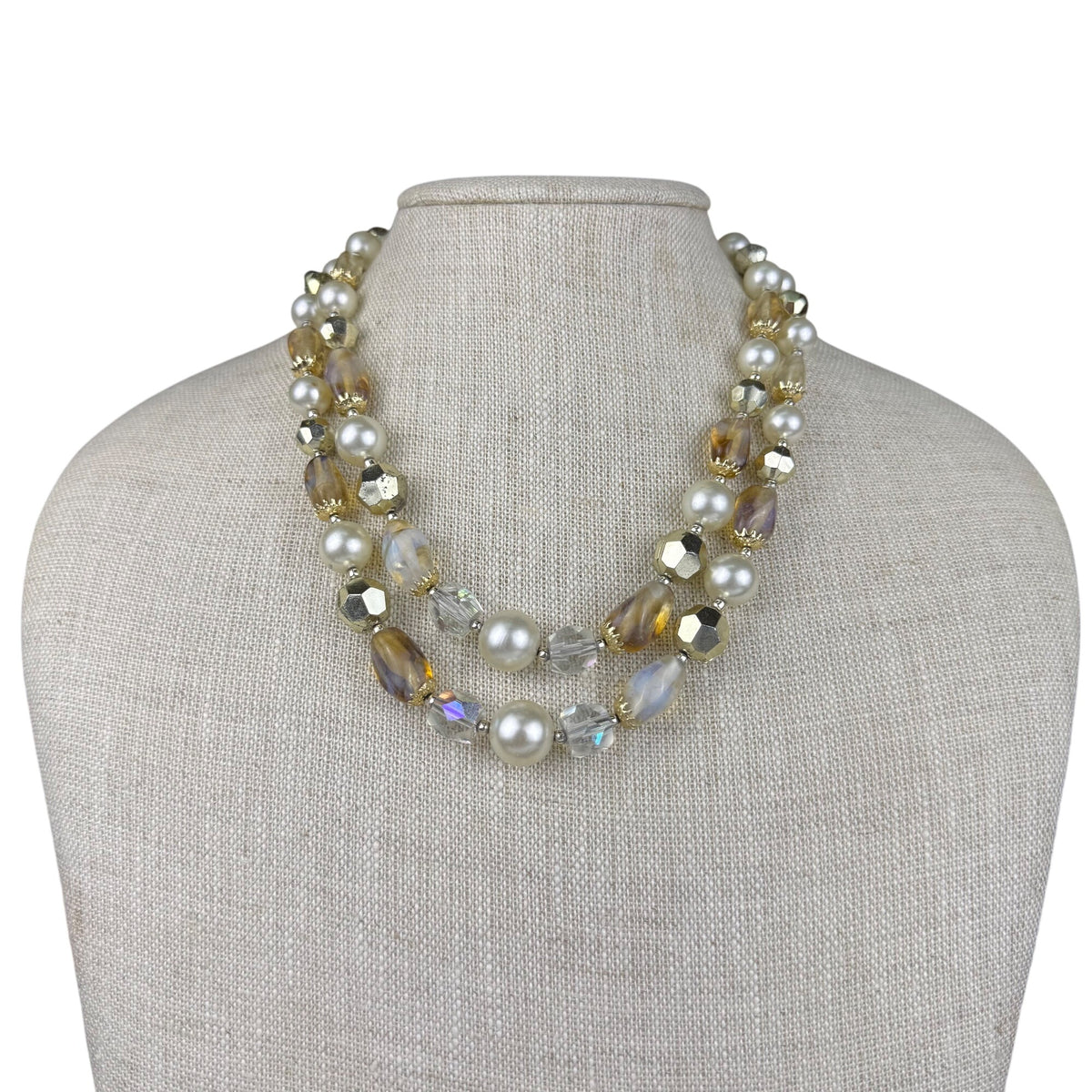 Vintage Womens Gold Tone Glass Bead & Faux Pearl Double-Strand Necklace