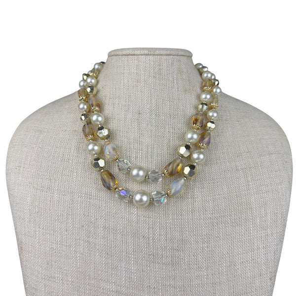 Vintage Womens Gold Tone Glass Bead & Faux Pearl Double-Strand Necklace