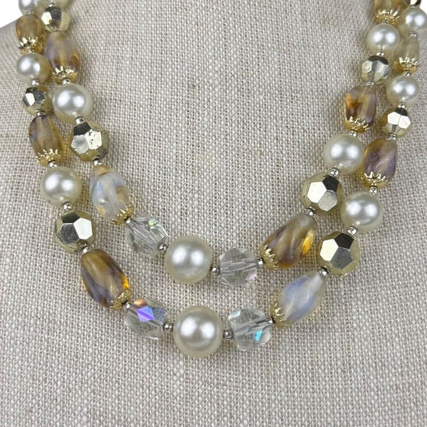 Vintage Womens Gold Tone Glass Bead & Faux Pearl Double-Strand Necklace