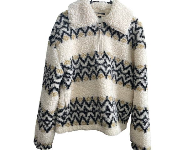 J.Crew Womens Fleece Jacket Large Chevron Pattern Warm Beige/Black