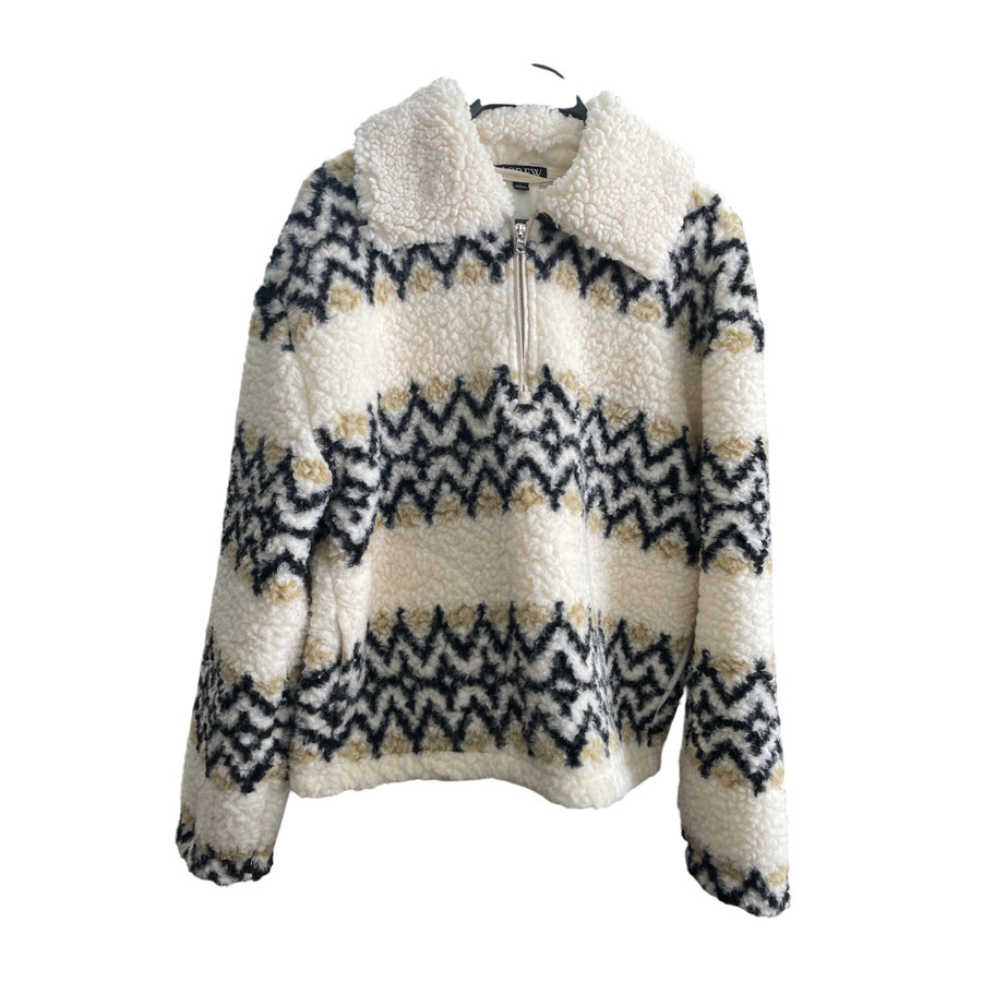 J.Crew Womens Fleece Jacket Large Chevron Pattern Warm Beige/Black