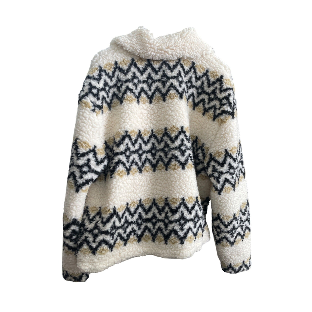 J.Crew Womens Fleece Jacket Large Chevron Pattern Warm Beige/Black