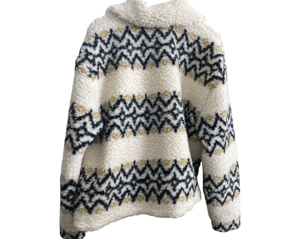 J.Crew Womens Fleece Jacket Large Chevron Pattern Warm Beige/Black
