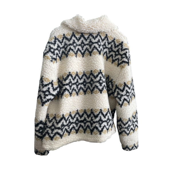 J.Crew Womens Fleece Jacket Large Chevron Pattern Warm Beige/Black