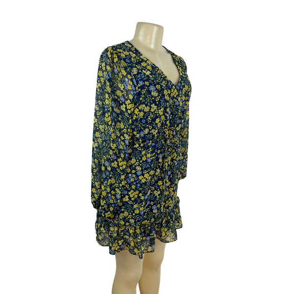 3rd + Malt Floral Print Long Sleeve Mini Dress With Tie Waist & Ruffled Hem Size S