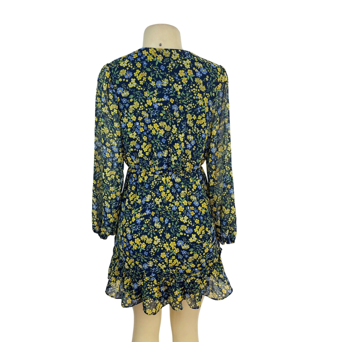 3rd + Malt Floral Print Long Sleeve Mini Dress With Tie Waist & Ruffled Hem Size S