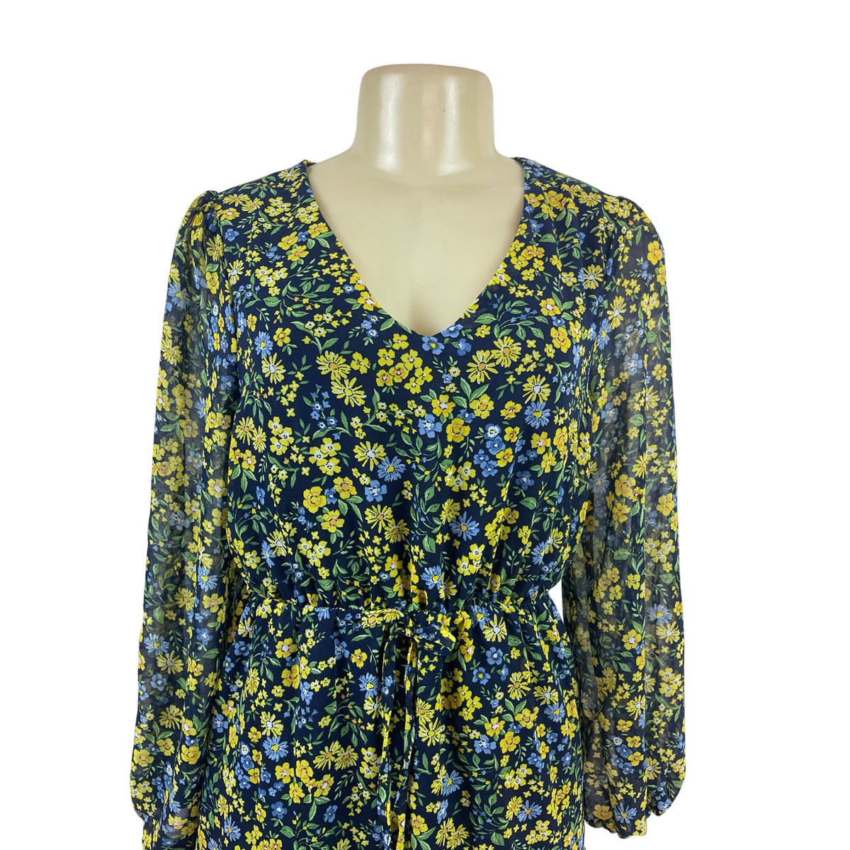 3rd + Malt Floral Print Long Sleeve Mini Dress With Tie Waist & Ruffled Hem Size S