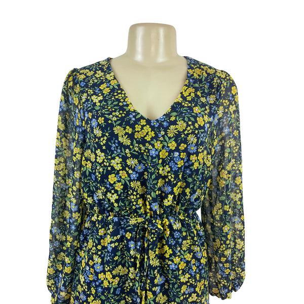 3rd + Malt Floral Print Long Sleeve Mini Dress With Tie Waist & Ruffled Hem Size S