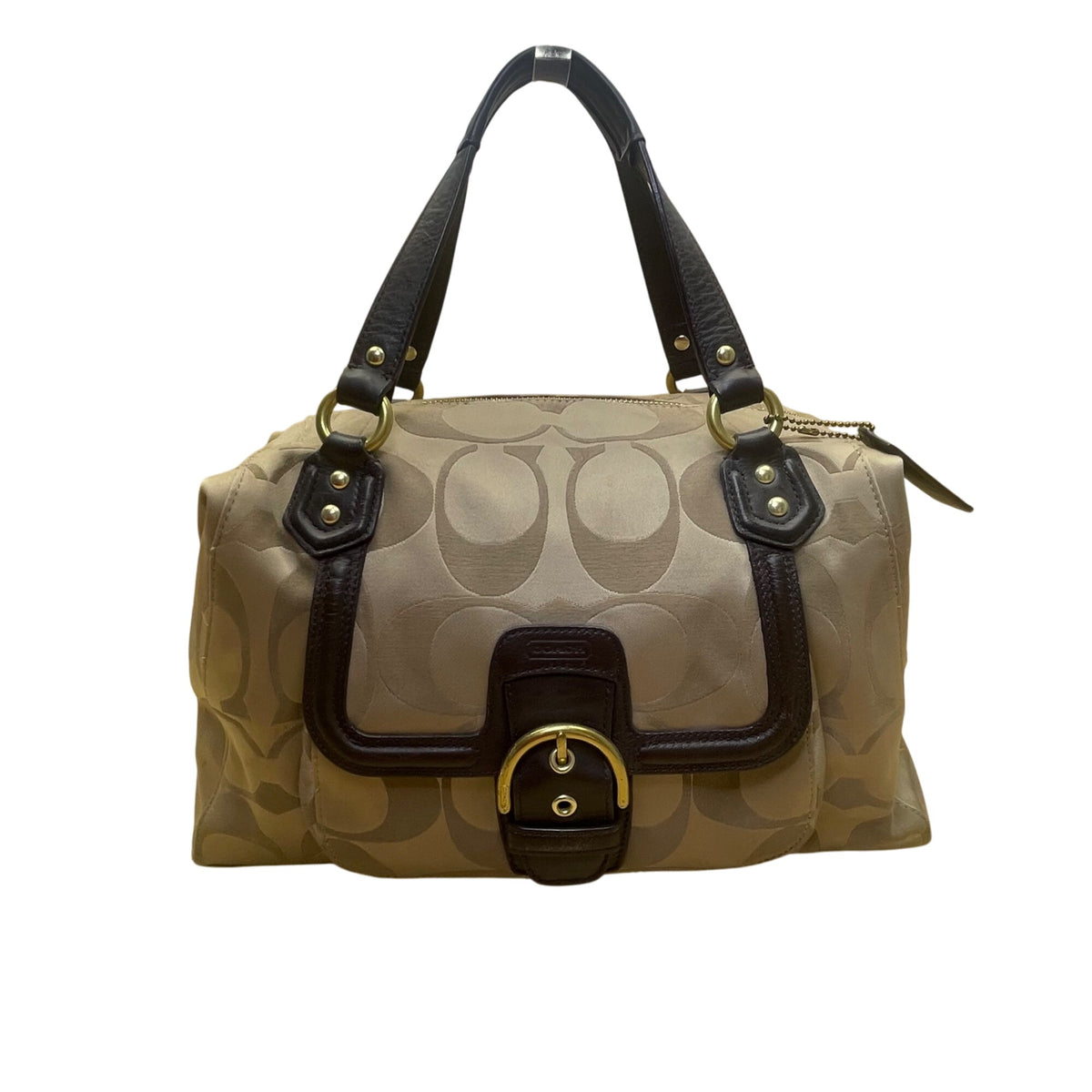 Coach Tan & Brown Signature Printed Handbag W/ Leather Trim & Gold Hardware