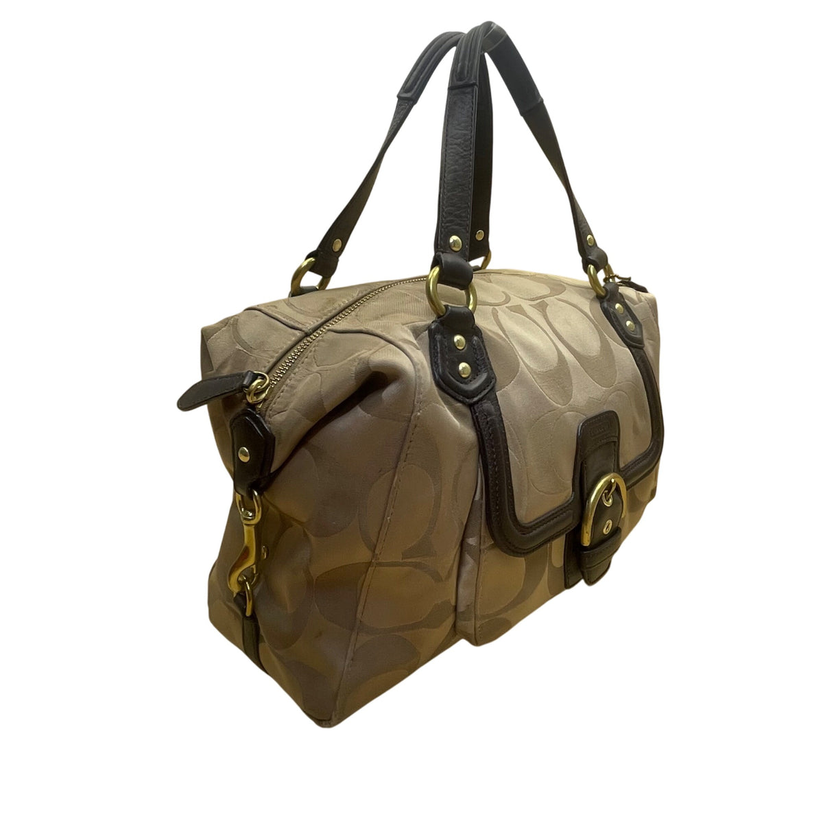 Coach Tan & Brown Signature Printed Handbag W/ Leather Trim & Gold Hardware