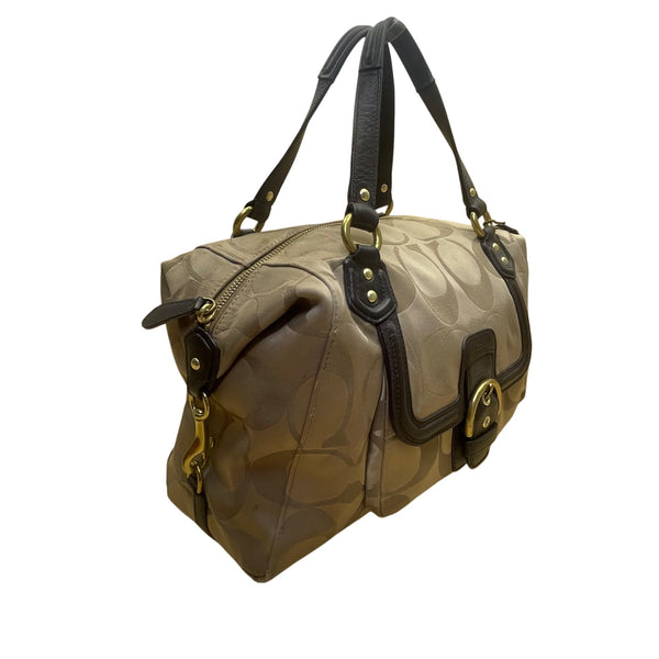 Coach Tan & Brown Signature Printed Handbag W/ Leather Trim & Gold Hardware