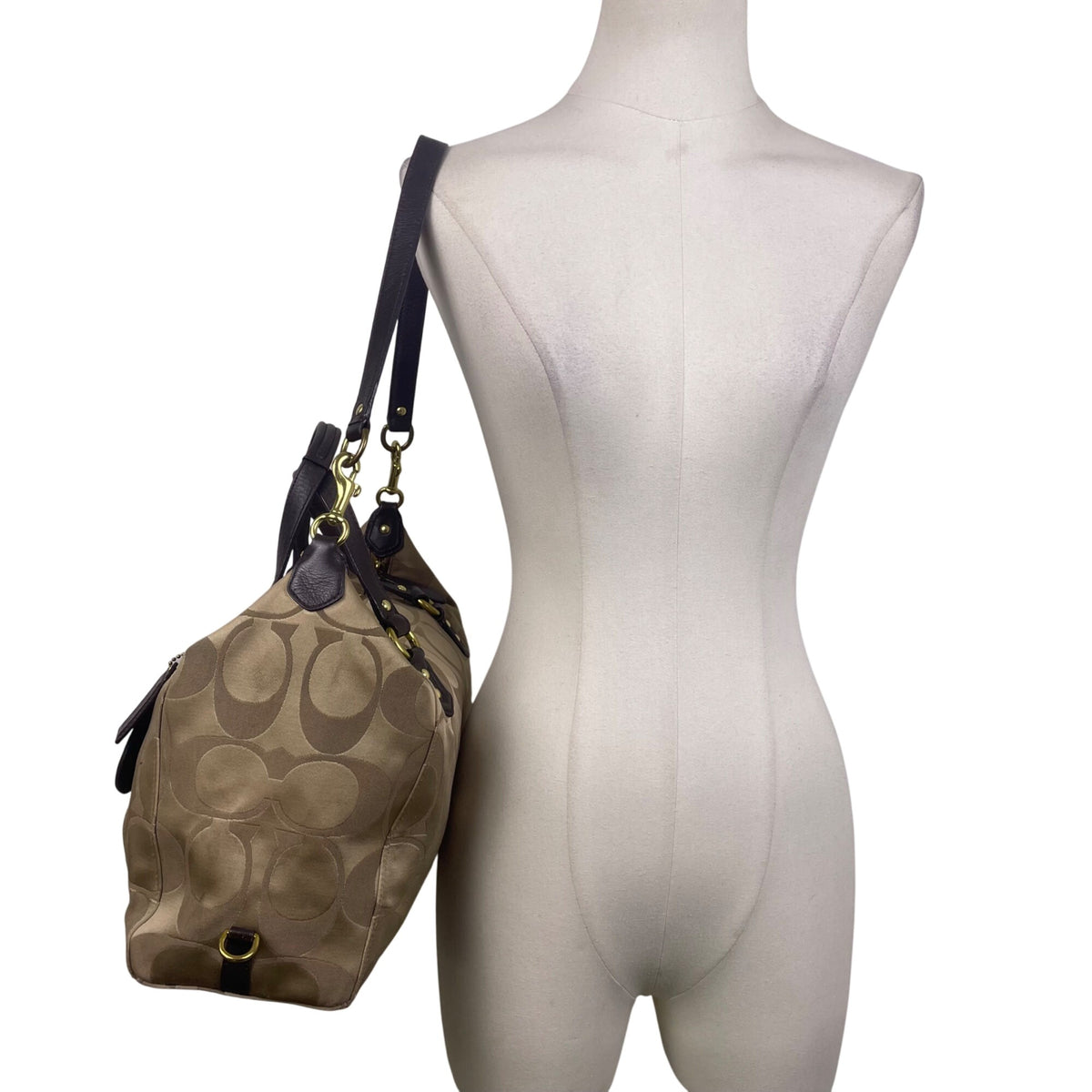 Coach Tan & Brown Signature Printed Handbag W/ Leather Trim & Gold Hardware