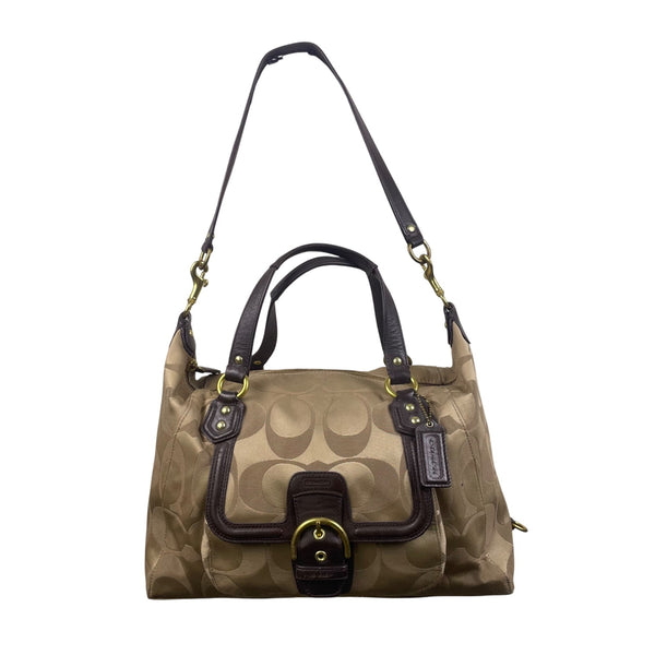 Coach Tan & Brown Signature Printed Handbag W/ Leather Trim & Gold Hardware