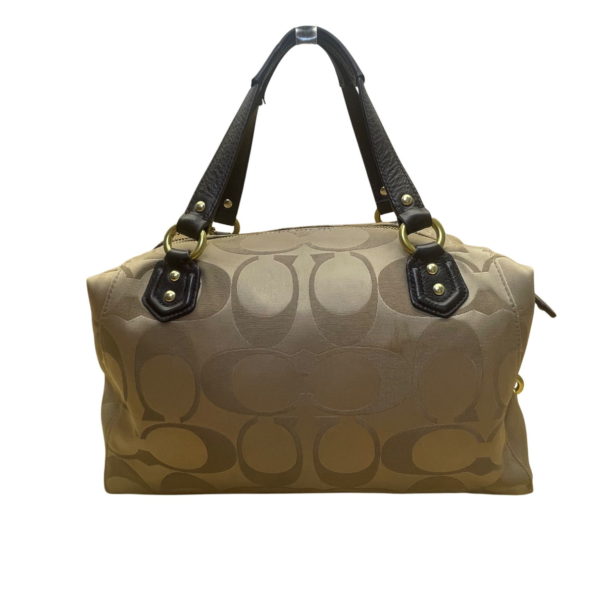 Coach Tan & Brown Signature Printed Handbag W/ Leather Trim & Gold Hardware