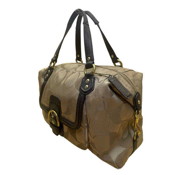 Coach Tan & Brown Signature Printed Handbag W/ Leather Trim & Gold Hardware