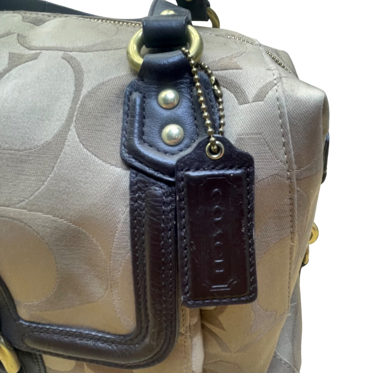 Coach Tan & Brown Signature Printed Handbag W/ Leather Trim & Gold Hardware