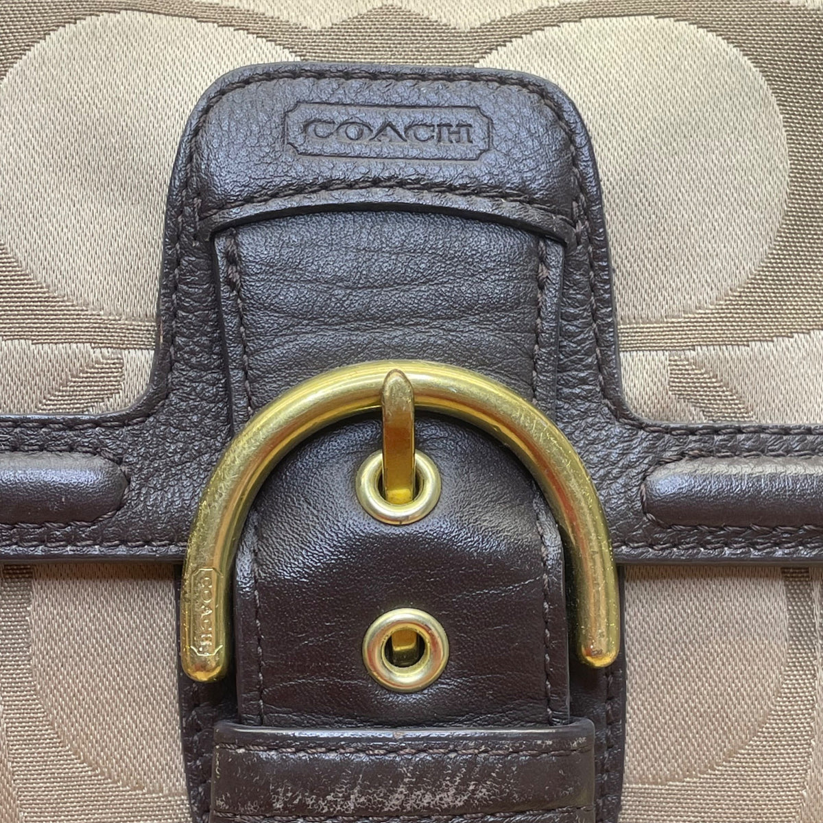 Coach Tan & Brown Signature Printed Handbag W/ Leather Trim & Gold Hardware