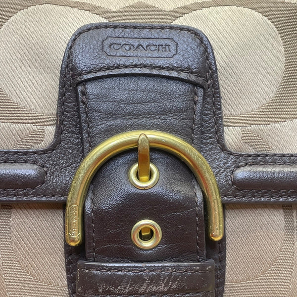 Coach Tan & Brown Signature Printed Handbag W/ Leather Trim & Gold Hardware