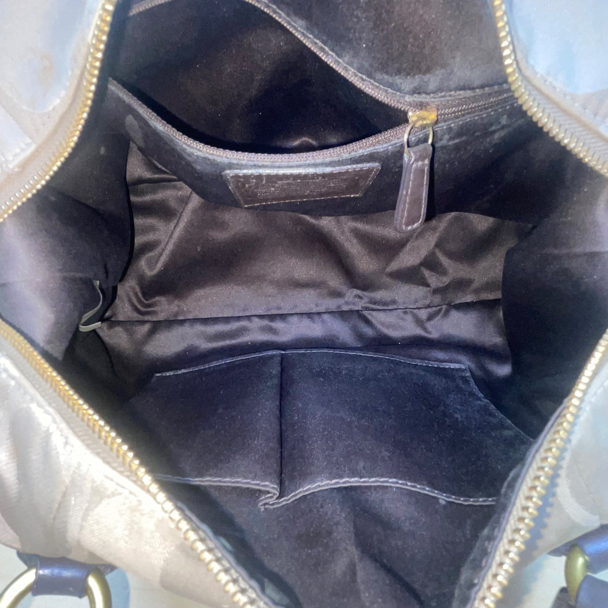 Coach Tan & Brown Signature Printed Handbag W/ Leather Trim & Gold Hardware