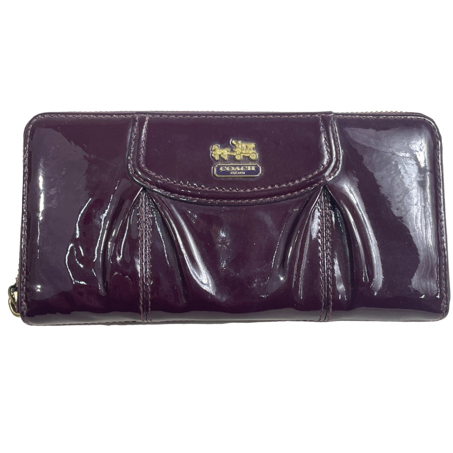Vintage Coach Women Glossy Plum Burgundy Logo Art Leather Wallet Size S