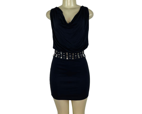 La Rok Black Sleeveless Cowl Neck Dress With Studded Waistband Size XS