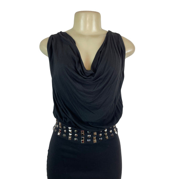 La Rok Black Sleeveless Cowl Neck Dress With Studded Waistband Size XS