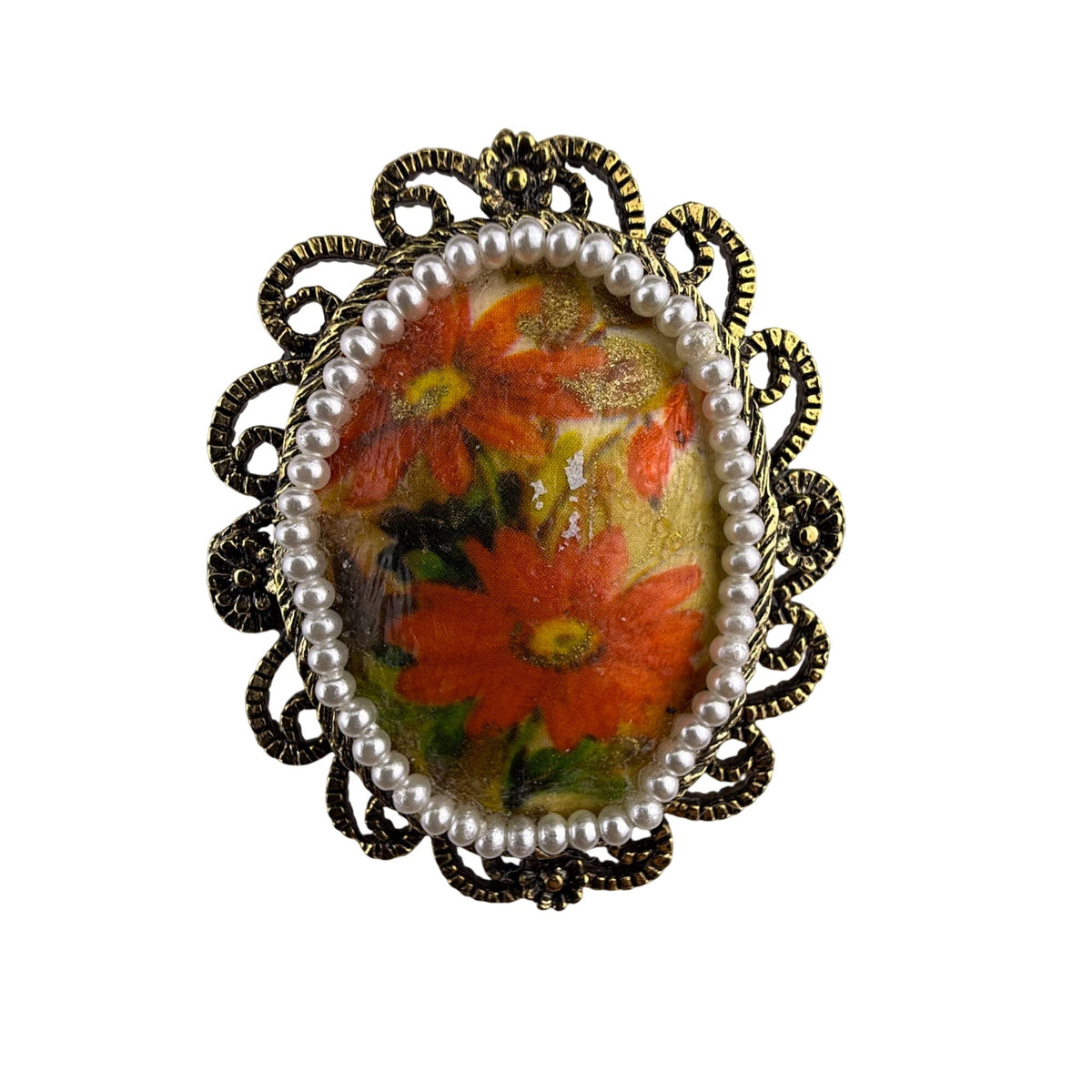 Vintage Ornate Gold Tone Floral Brooch Pin Oval Handpainted Faux Pearls Accent