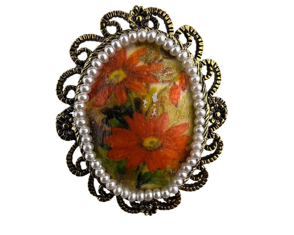 Vintage Ornate Gold Tone Floral Brooch Pin Oval Handpainted Faux Pearls Accent