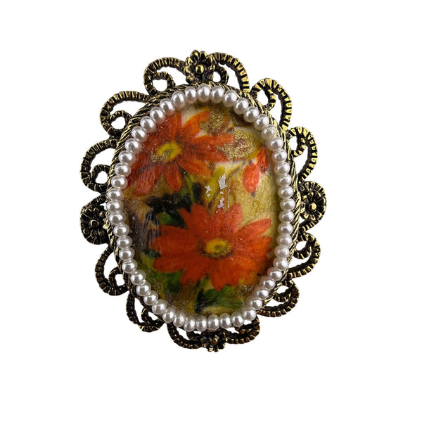 Vintage Ornate Gold Tone Floral Brooch Pin Oval Handpainted Faux Pearls Accent