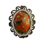 Vintage Ornate Gold Tone Floral Brooch Pin Oval Handpainted Faux Pearls Accent