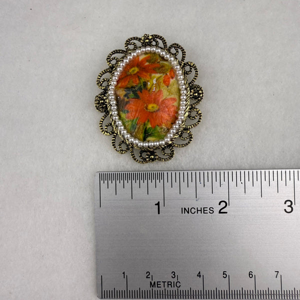 Vintage Ornate Gold Tone Floral Brooch Pin Oval Handpainted Faux Pearls Accent