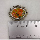 Vintage Ornate Gold Tone Floral Brooch Pin Oval Handpainted Faux Pearls Accent