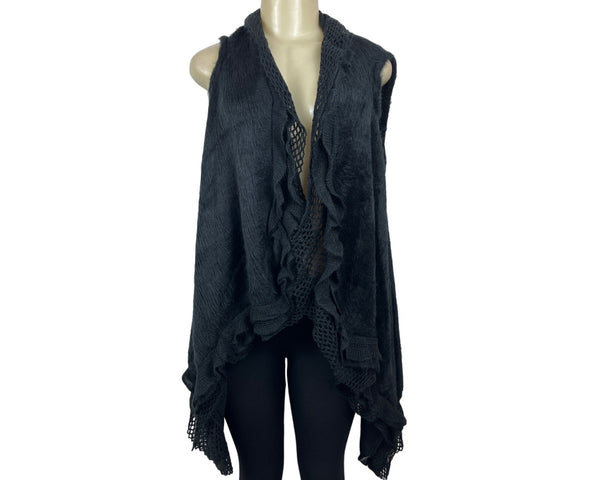 Black Open Front Sleeveless Cardigan Vest With Ruffled Edges - New