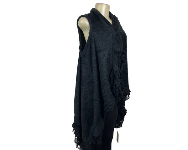 Black Open Front Sleeveless Cardigan Vest With Ruffled Edges - New