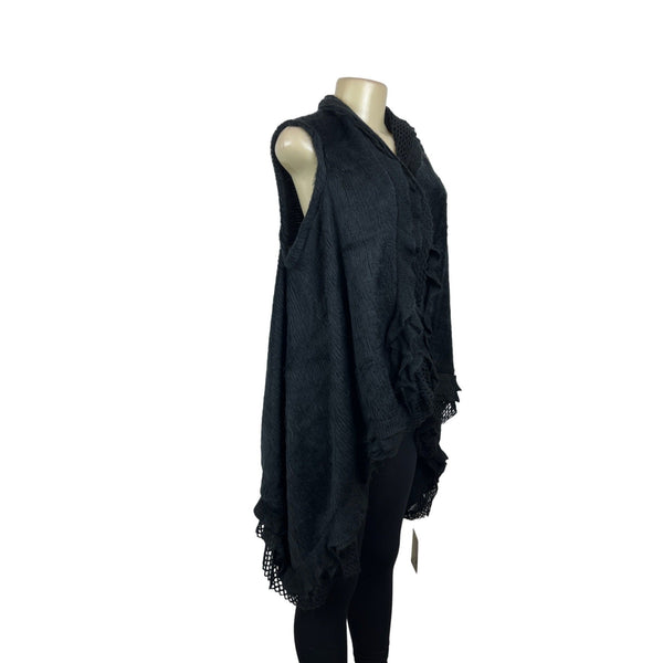 Black Open Front Sleeveless Cardigan Vest With Ruffled Edges - New