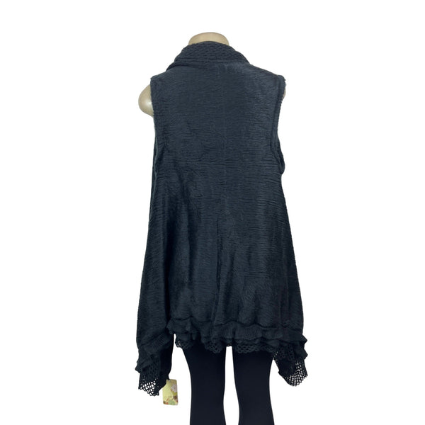 Black Open Front Sleeveless Cardigan Vest With Ruffled Edges - New