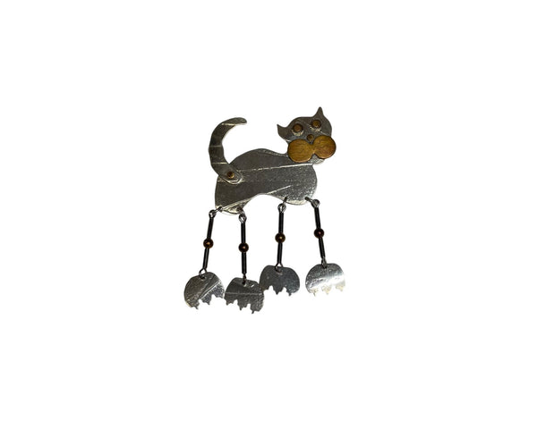 Cat-Themed Womens Unique Silver-Tone Metal Articulated Brooch Pin With Dangling Legs