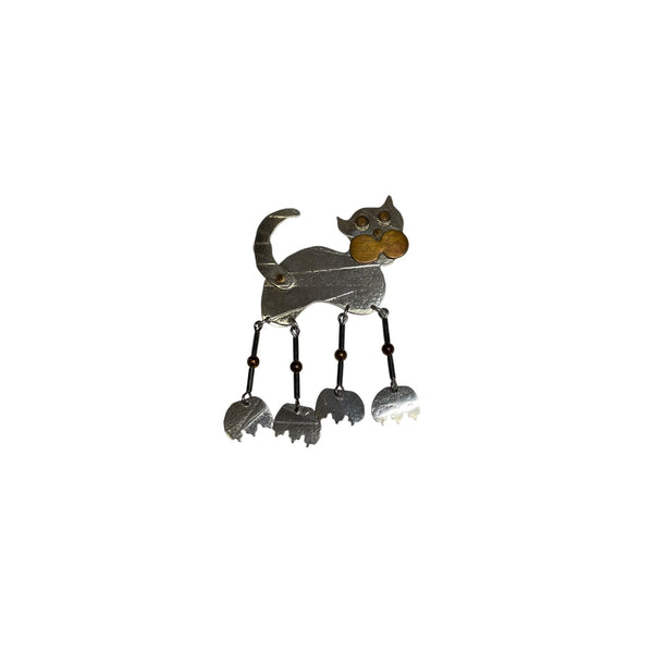 Cat-Themed Womens Unique Silver-Tone Metal Articulated Brooch Pin With Dangling Legs