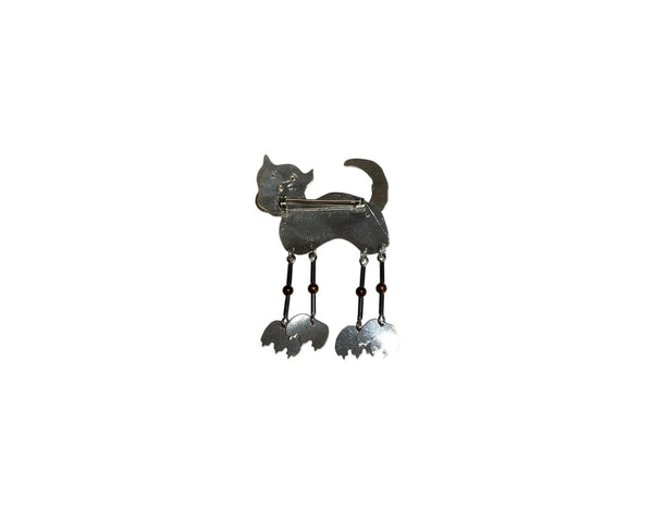 Cat-Themed Womens Unique Silver-Tone Metal Articulated Brooch Pin With Dangling Legs
