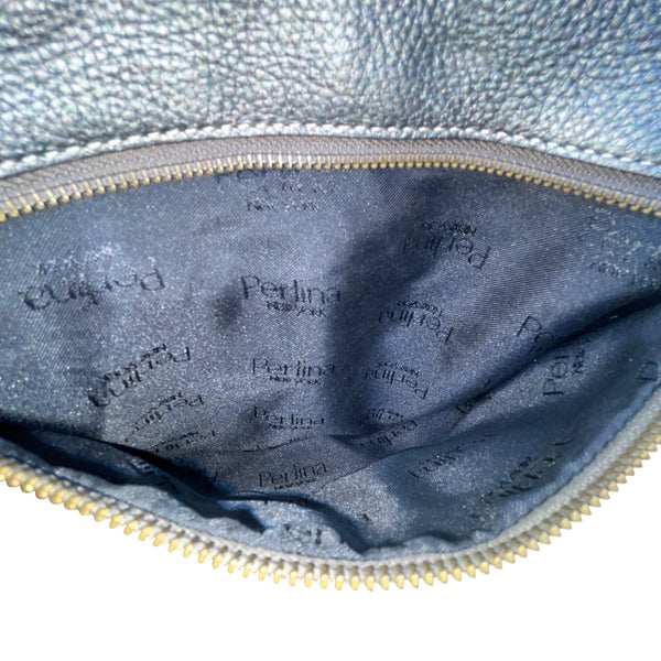 Perlina Women’s Dark Silver Leather Snap & Zip Closure Shoulder Satchel Bag