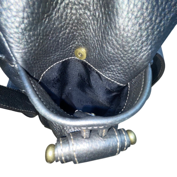 Perlina Women’s Dark Silver Leather Snap & Zip Closure Shoulder Satchel Bag