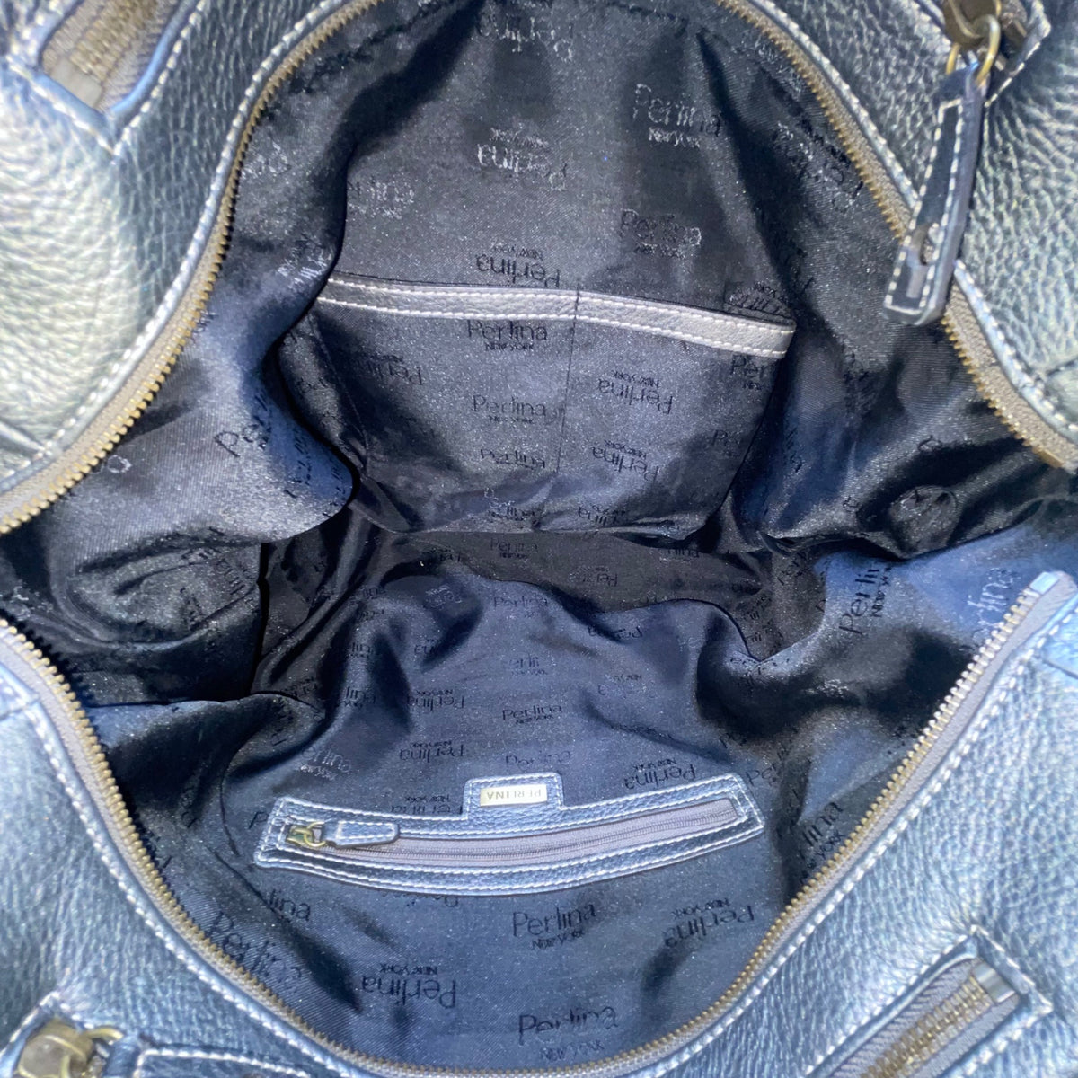 Perlina Women’s Dark Silver Leather Snap & Zip Closure Shoulder Satchel Bag