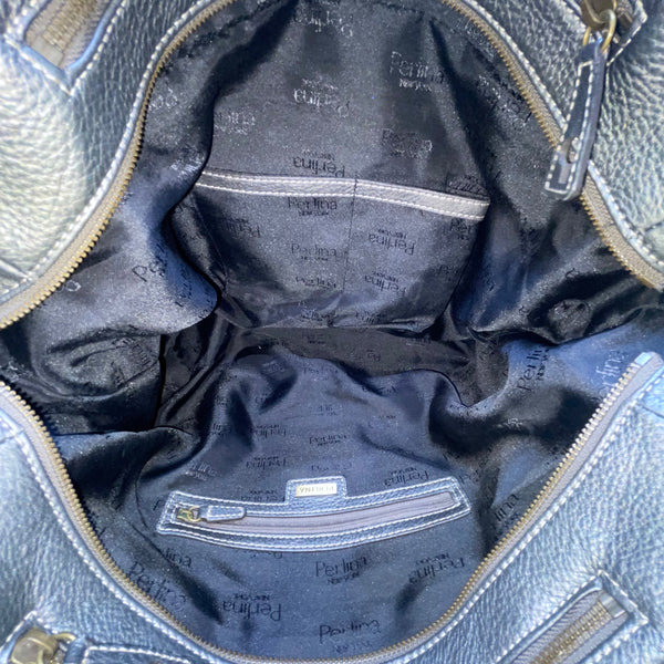 Perlina Women’s Dark Silver Leather Snap & Zip Closure Shoulder Satchel Bag