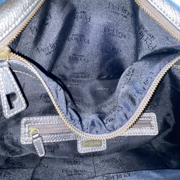 Perlina Women’s Dark Silver Leather Snap & Zip Closure Shoulder Satchel Bag