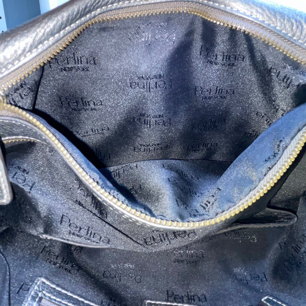 Perlina Women’s Dark Silver Leather Snap & Zip Closure Shoulder Satchel Bag