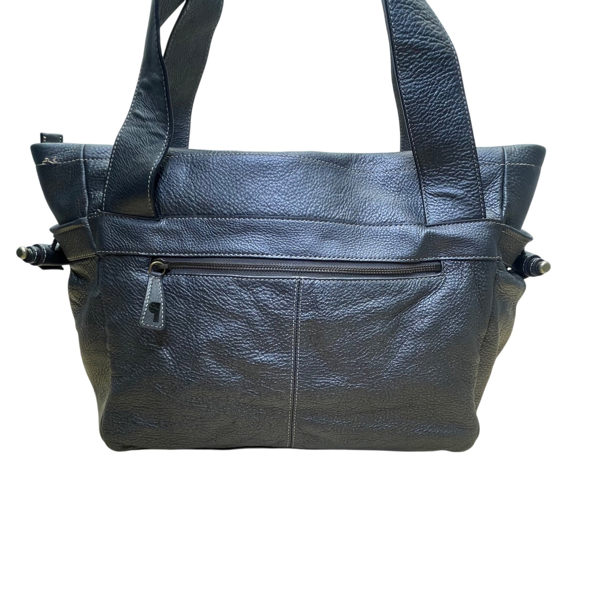 Perlina Women’s Dark Silver Leather Snap & Zip Closure Shoulder Satchel Bag